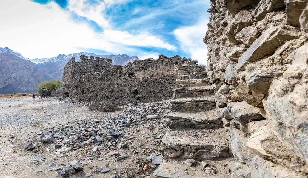 The stone walls of Vamar (Kala-i Vamar) fortress in Rushan under the mountains